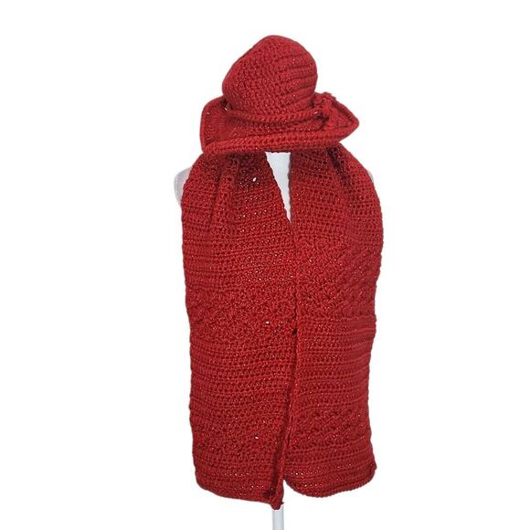 Red Crochet Knit Scarf and Hat Set NWT One Size Red Crochet Scarf with Hat - Picture 1 of 5